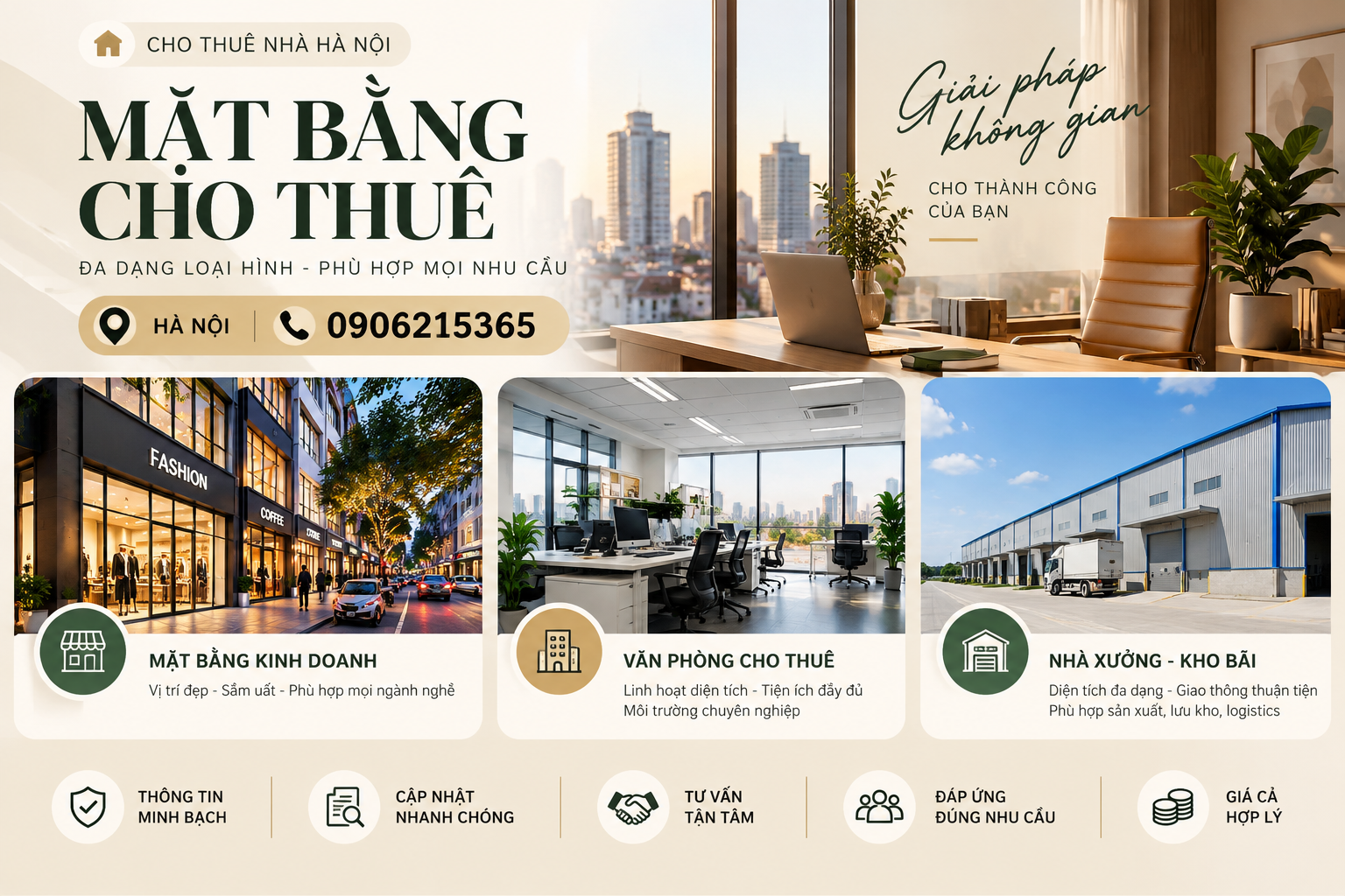 Mặt bằng cho thuê tại Hà Nội: mặt bằng kinh doanh, văn phòng, nhà xưởng và kho bãi. Liên hệ 0906215365.